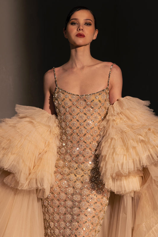 Embellished Gown with Tulle Cape