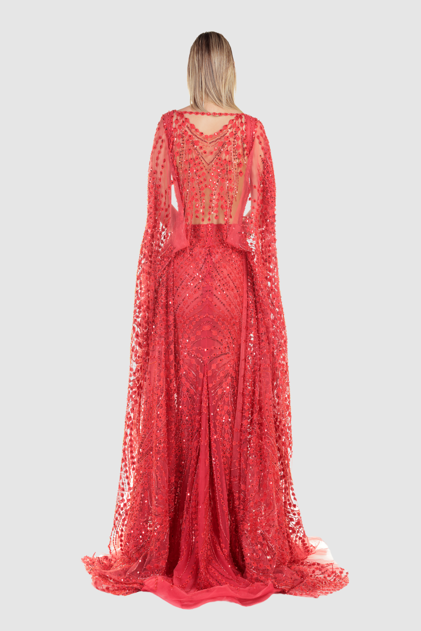 Red Embellished Cape Sleeve Gown