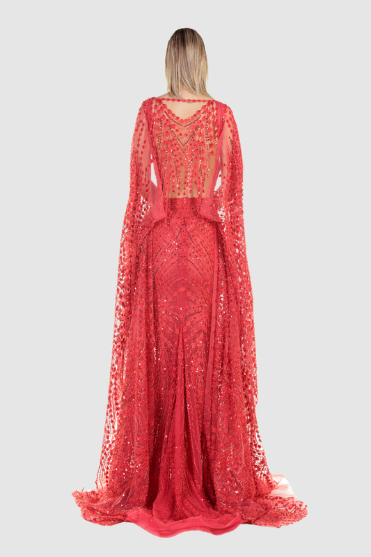 Red Embellished Cape Sleeve Gown