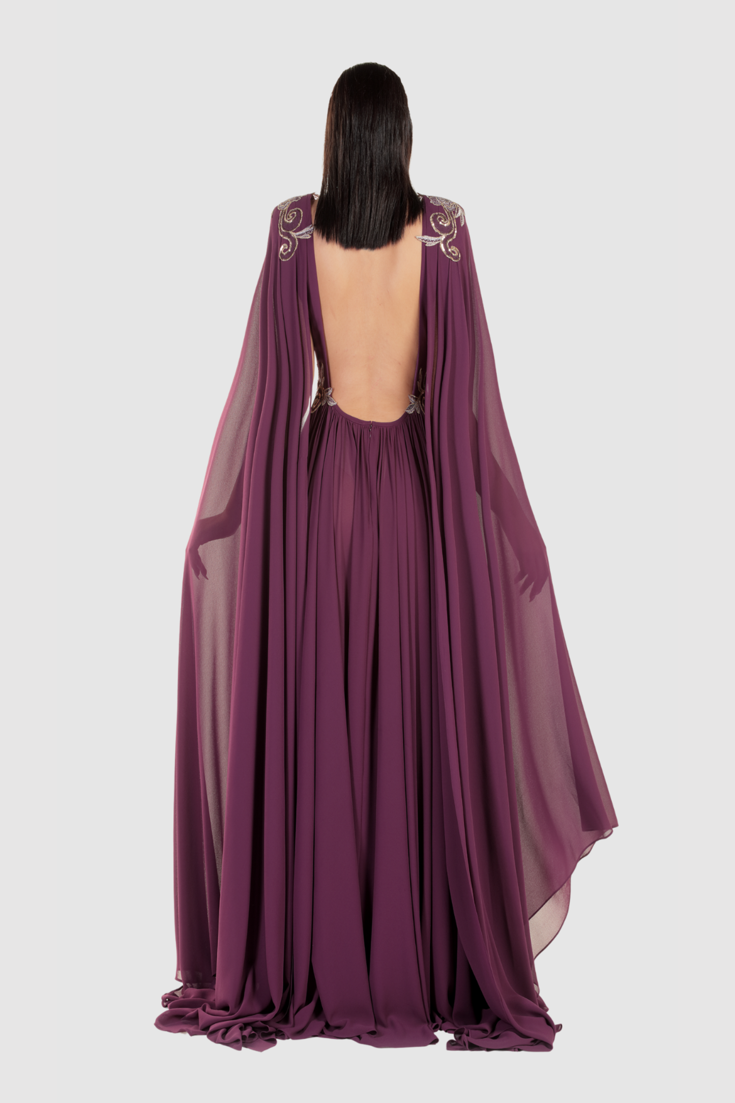 Purple Crepe Cape Sleeve Gown