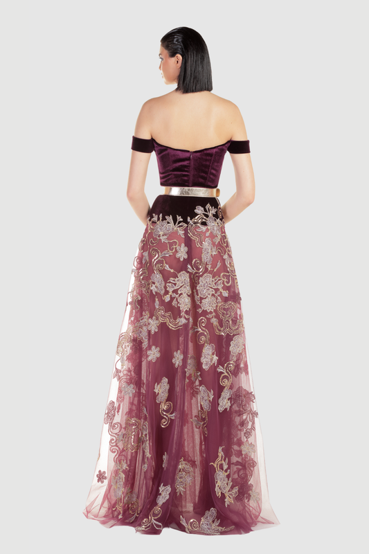 Off-Shoulder Velvet and Lace Gown