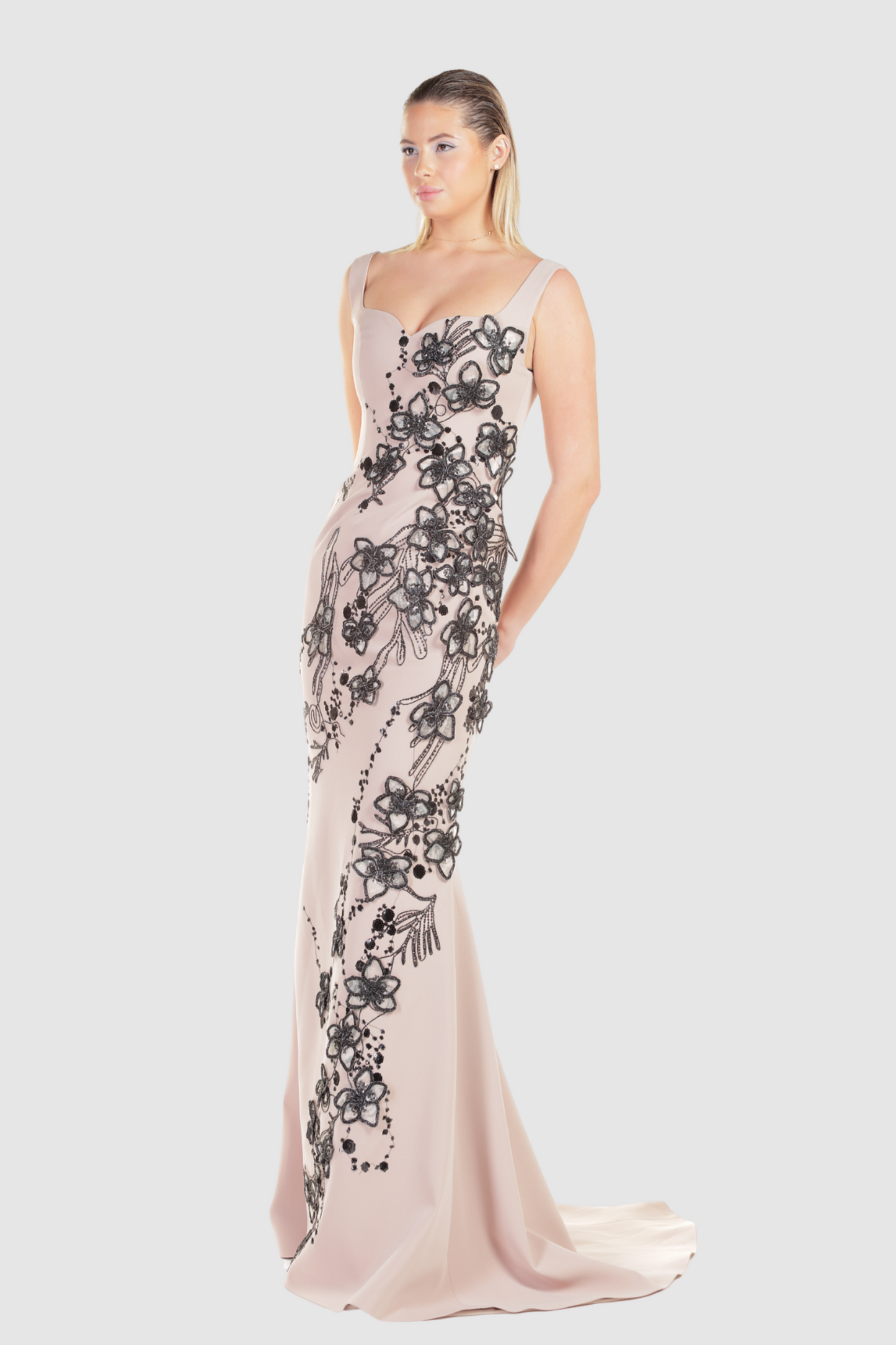 Sleeveless 3D Floral Appliqué Gown