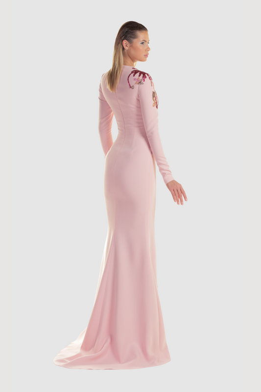 Pink Crepe Floral Lace Gown