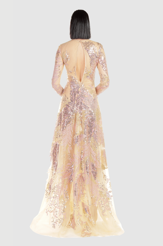 Gold Long Sleeve Embroidered Gown