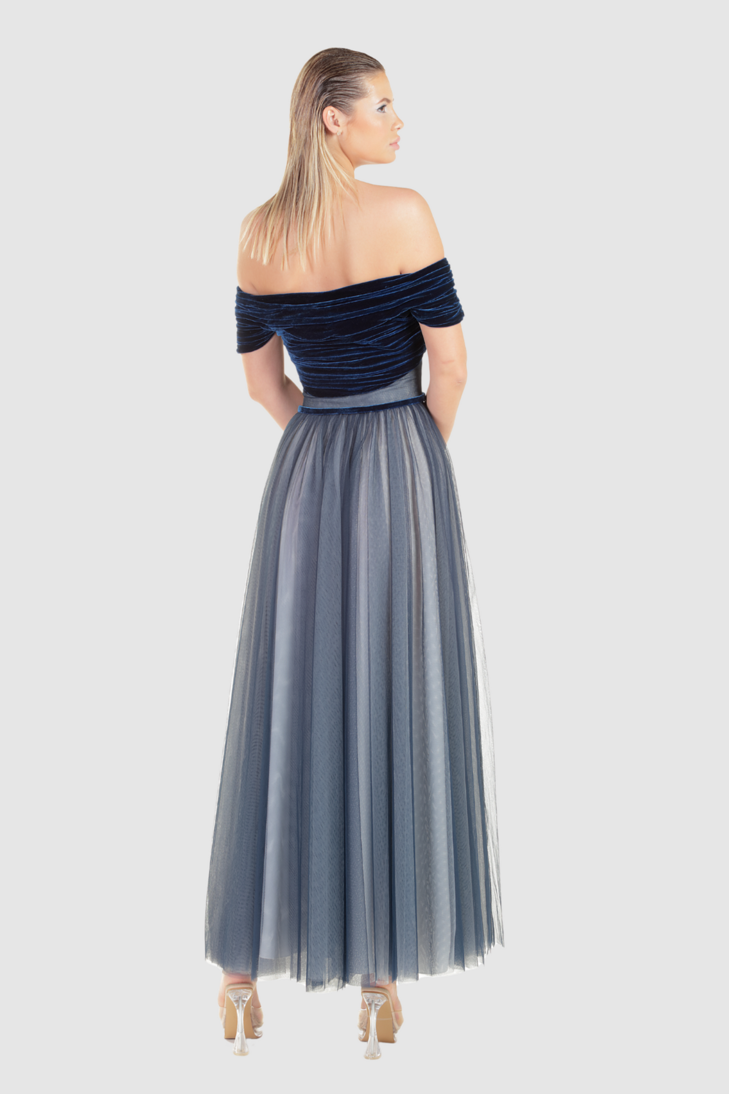 Pleated Off-Shoulder Midi Dress