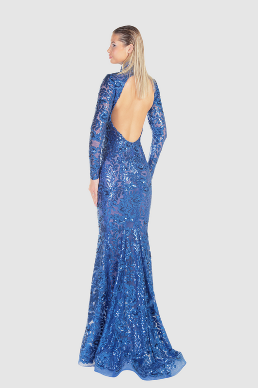 Blue Long Sleeve Floral Mermaid Gown