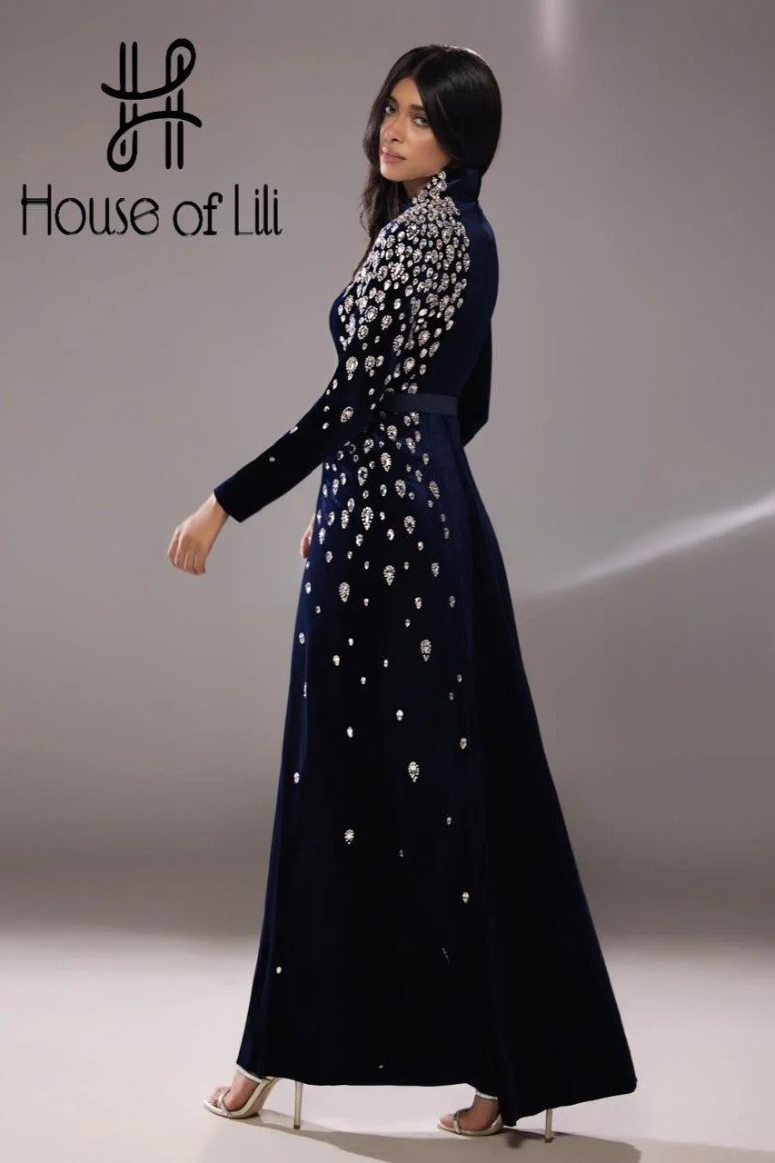 Navy Long Sleeve Velvet Gown