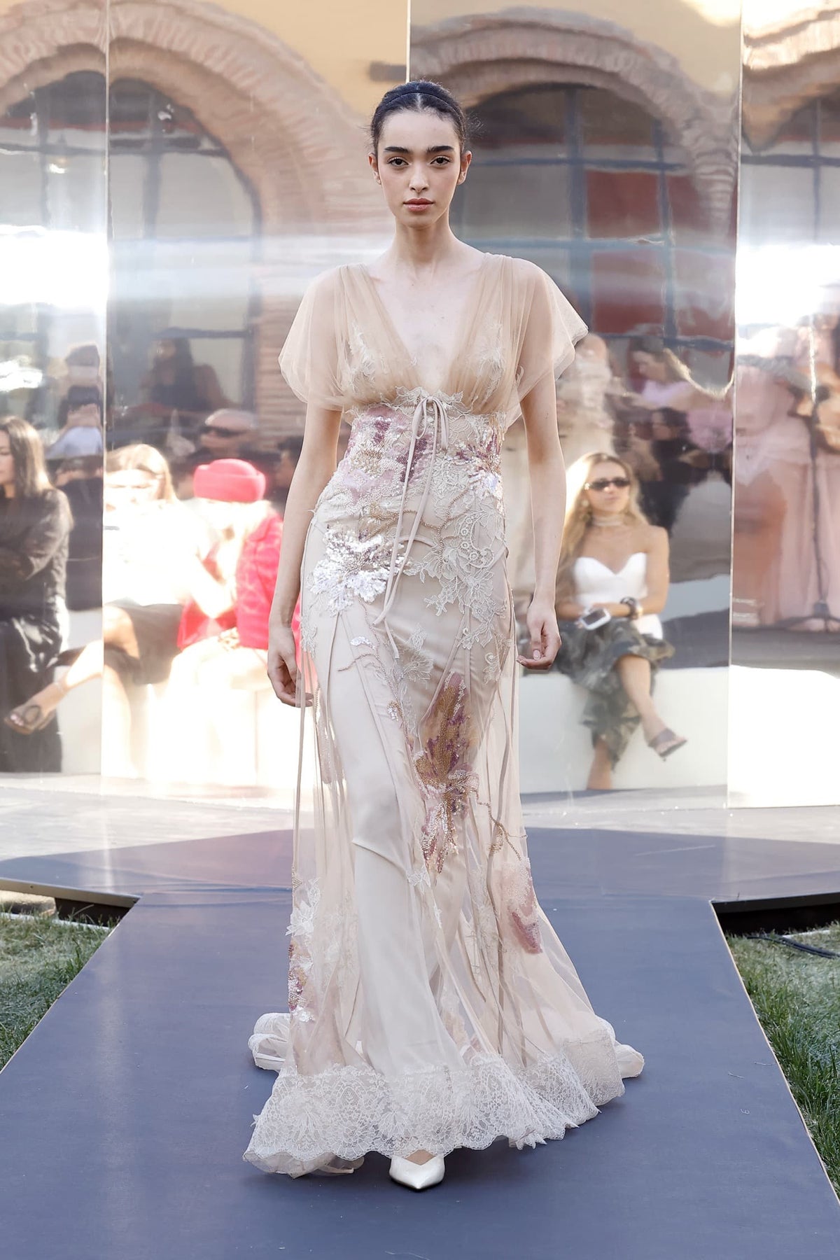 Flutter-Sleeve Embroidered Gown