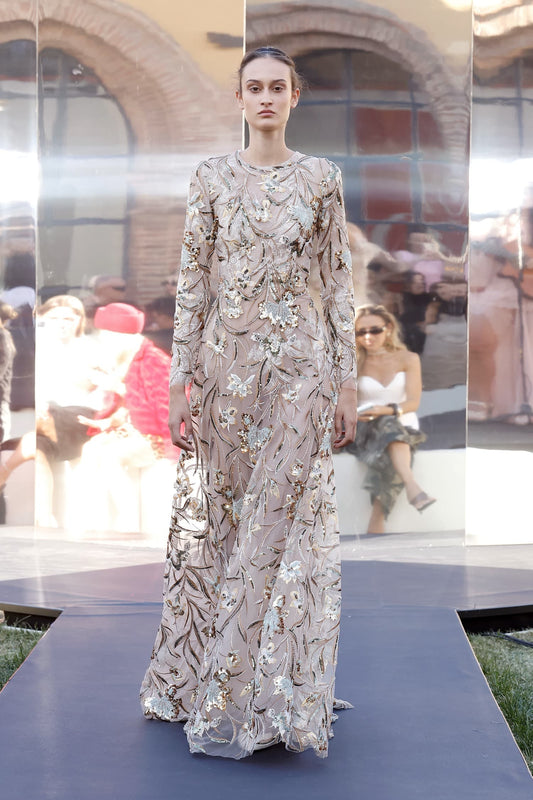 Long-Sleeve Botanical Sequin Gown