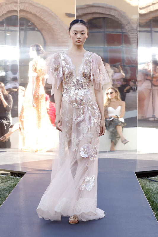 V-Neck Flutter-Sleeve Gown
