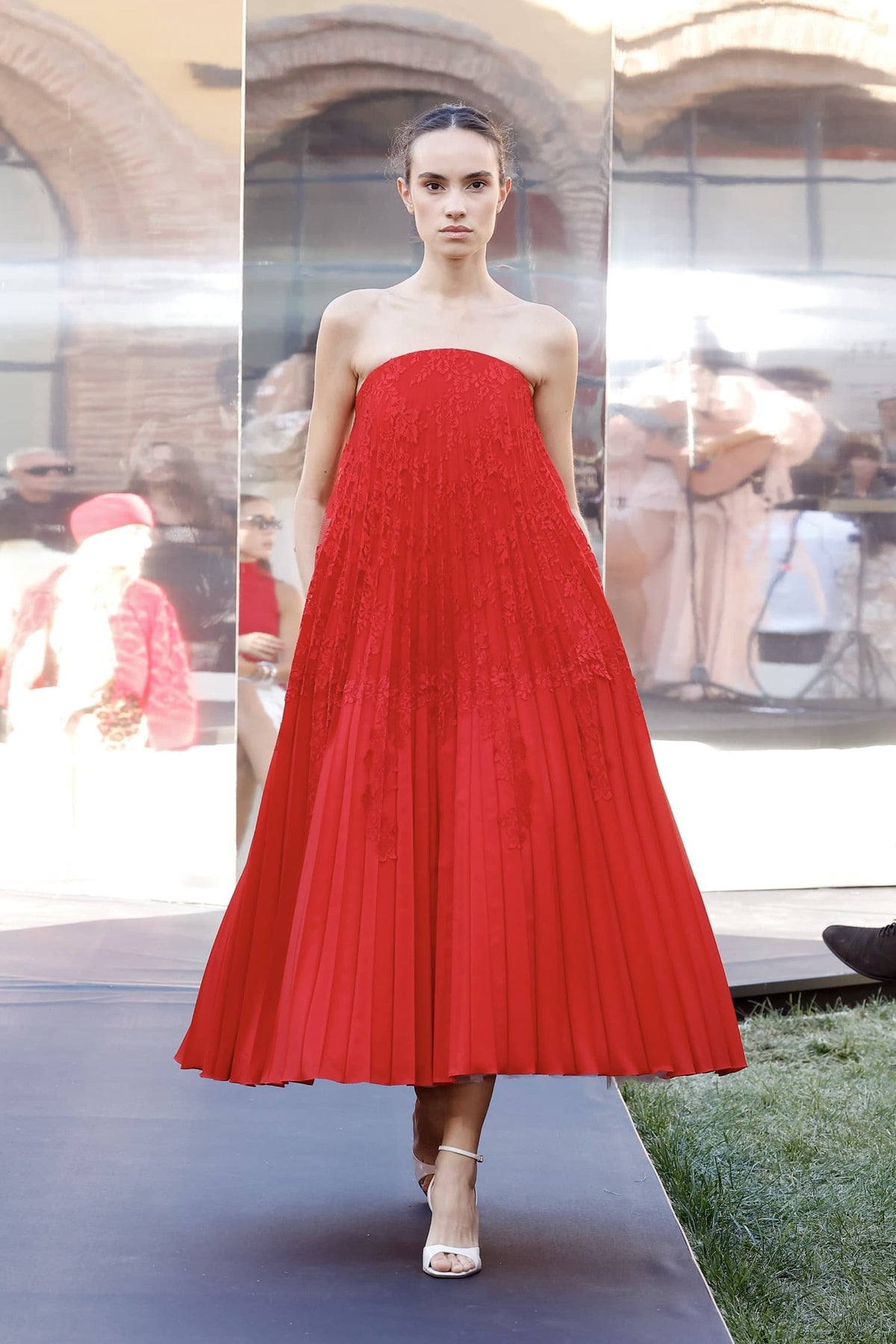 Strapless Plissé Midi Dress