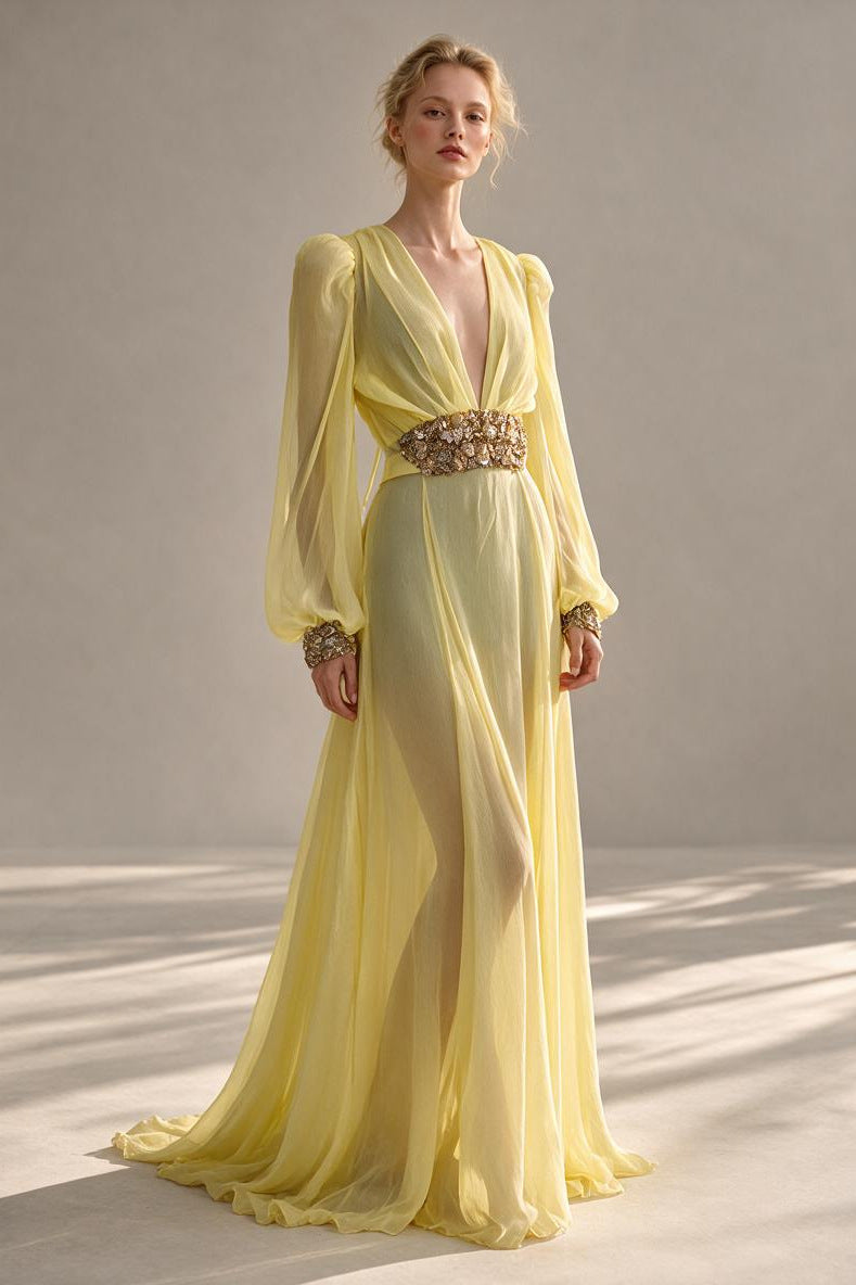 Balloon-Sleeve Chiffon Gown
