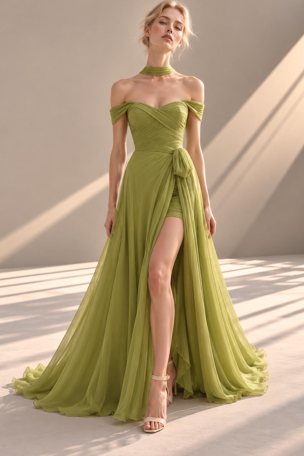 Off-Shoulder Draped Slit Gown