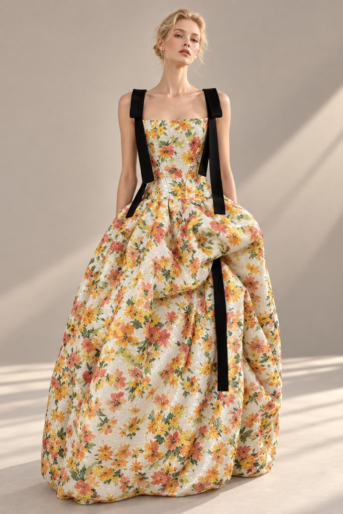 Ribbon-Strap Draped Floral Gown