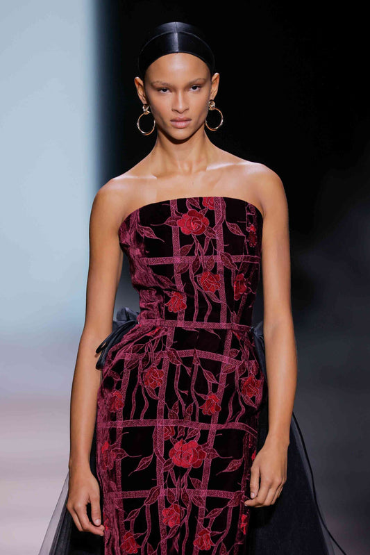 Strapless Floral Column Gown with Tail