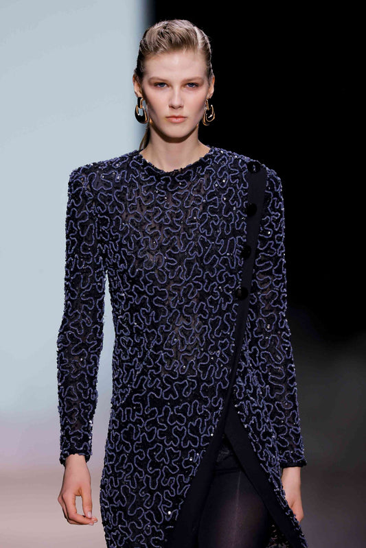 Long Sleeve Sequin Mesh Column Gown