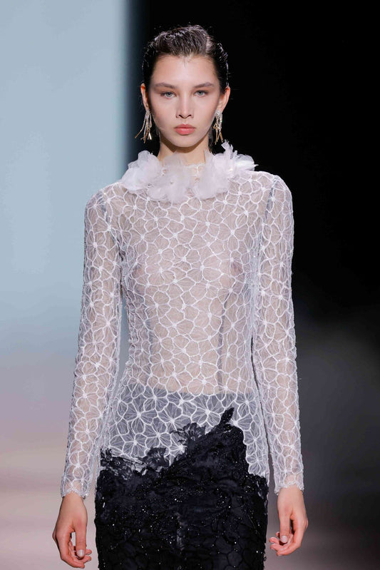 Geometric Lace and Sequin Mesh Column Gown
