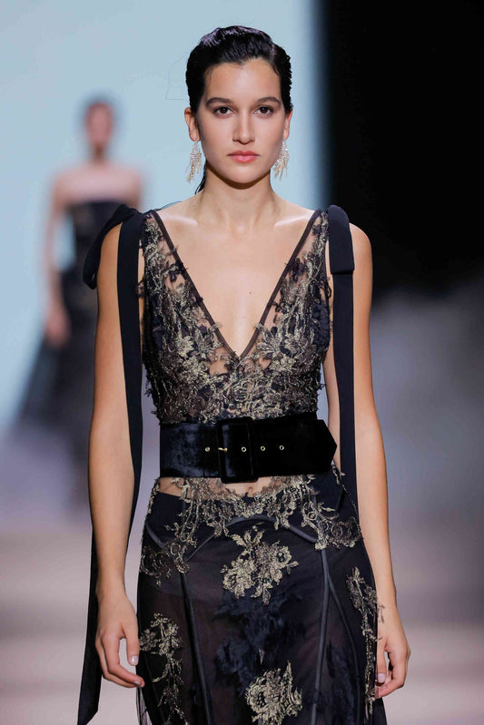 Belted Embroidered Tulle V-Neck Gown