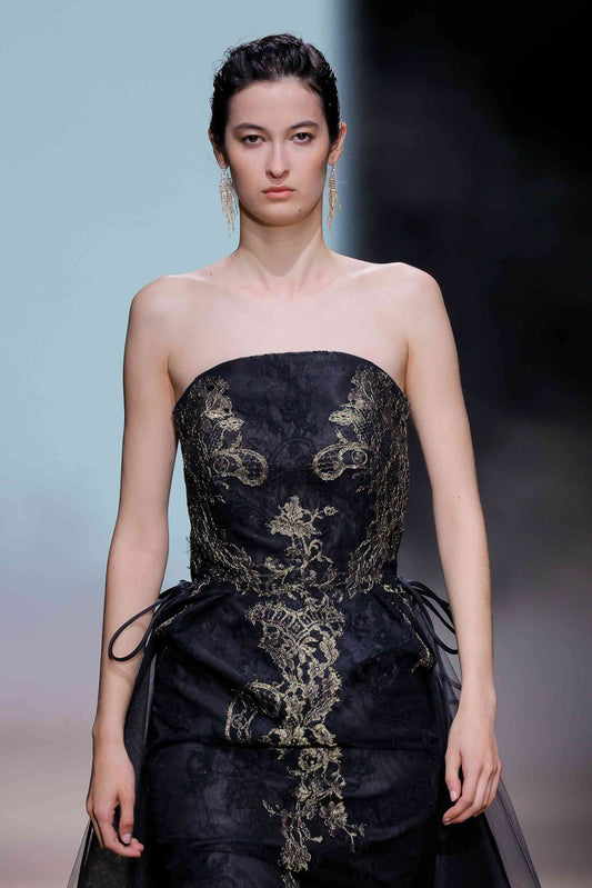 Strapless Embroidered Gown with Tail