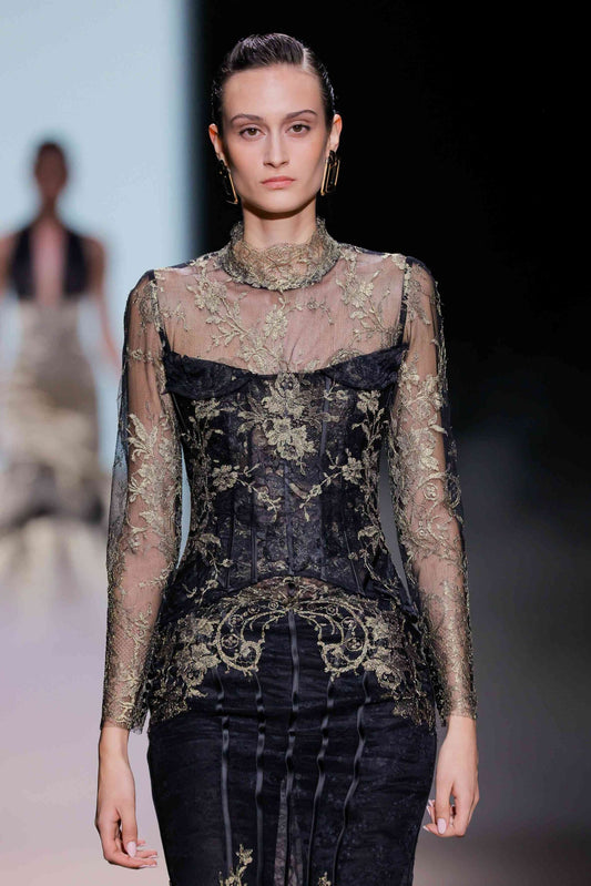 Long Sleeve with High-Neck Embroidered Corset Gown