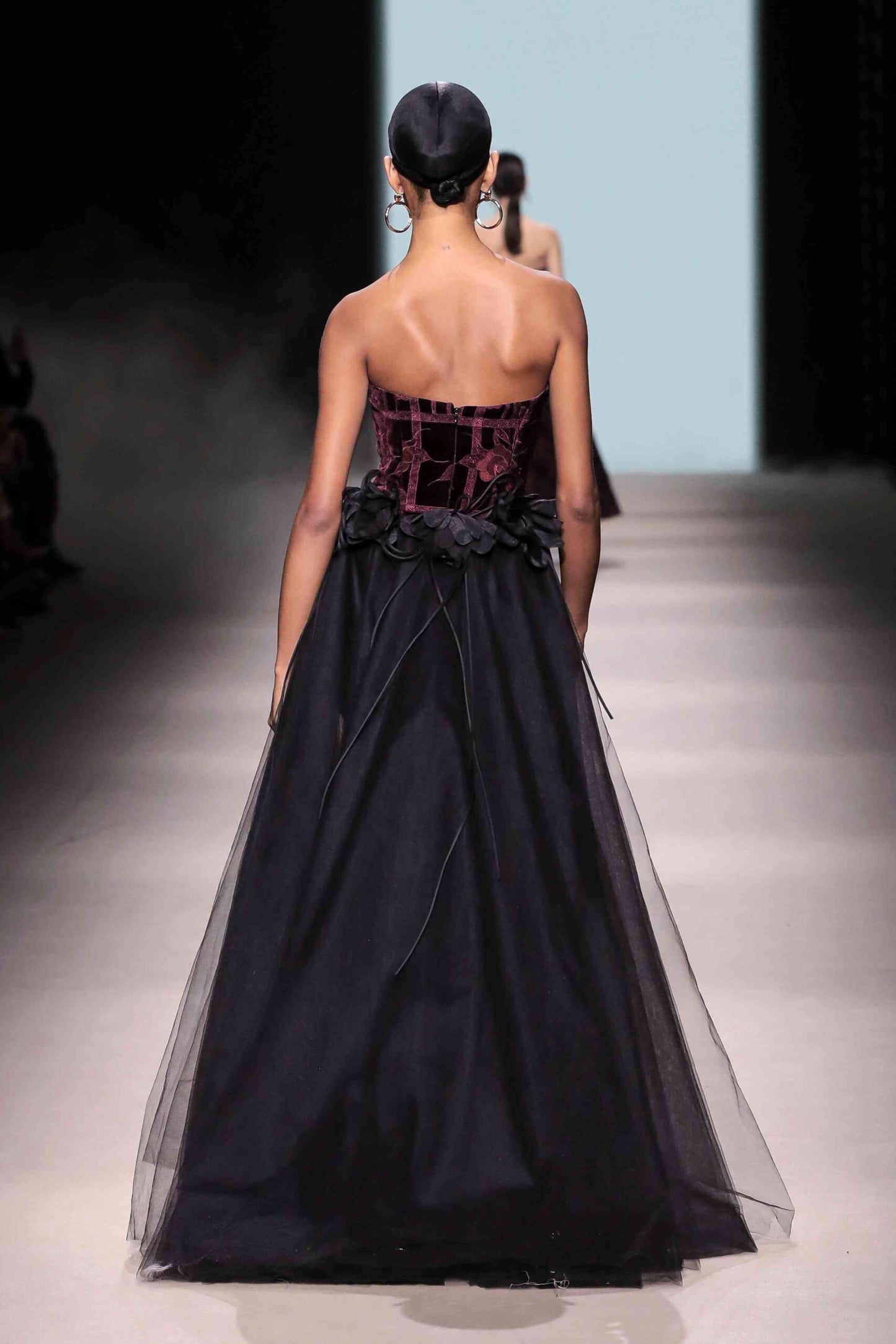 Strapless Floral Column Gown with Tail