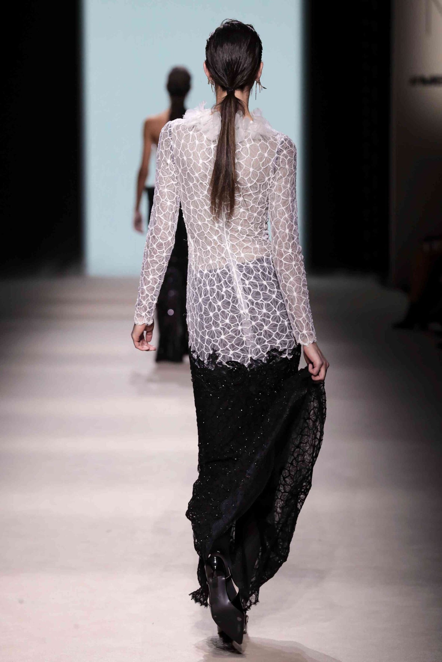 Geometric Lace and Sequin Mesh Column Gown