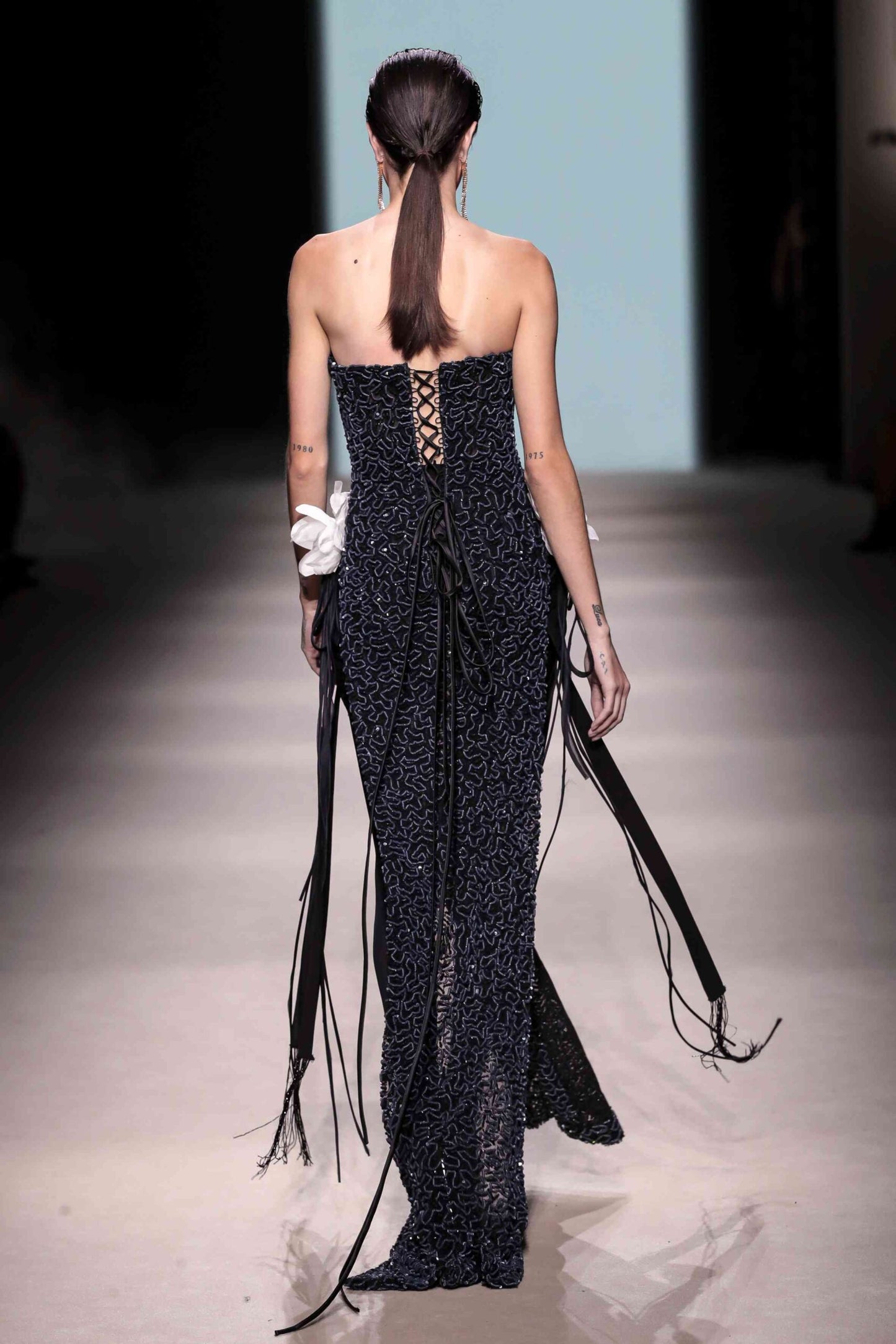 Strapless Sequin Mesh Gown