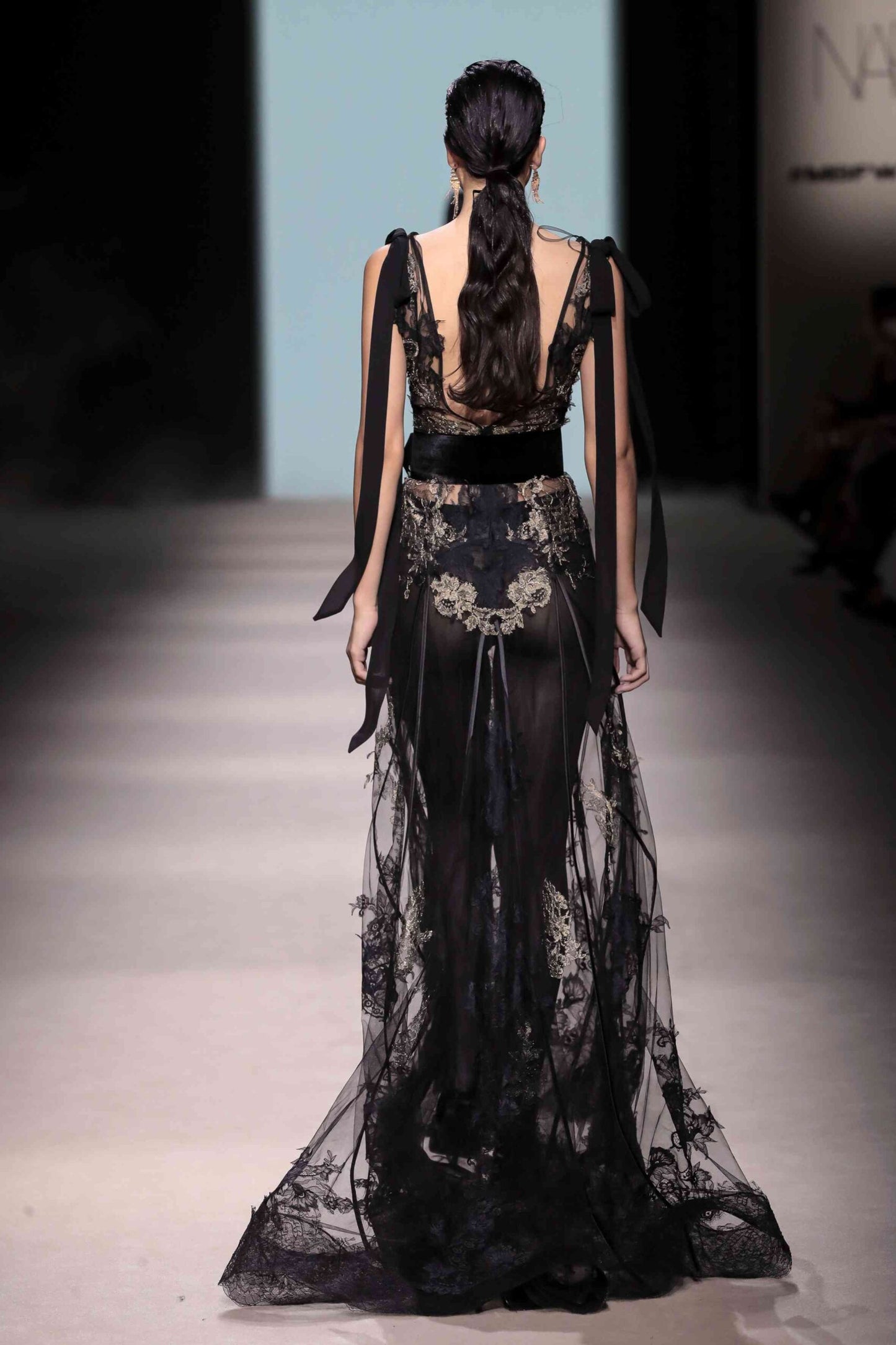 Belted Embroidered Tulle V-Neck Gown