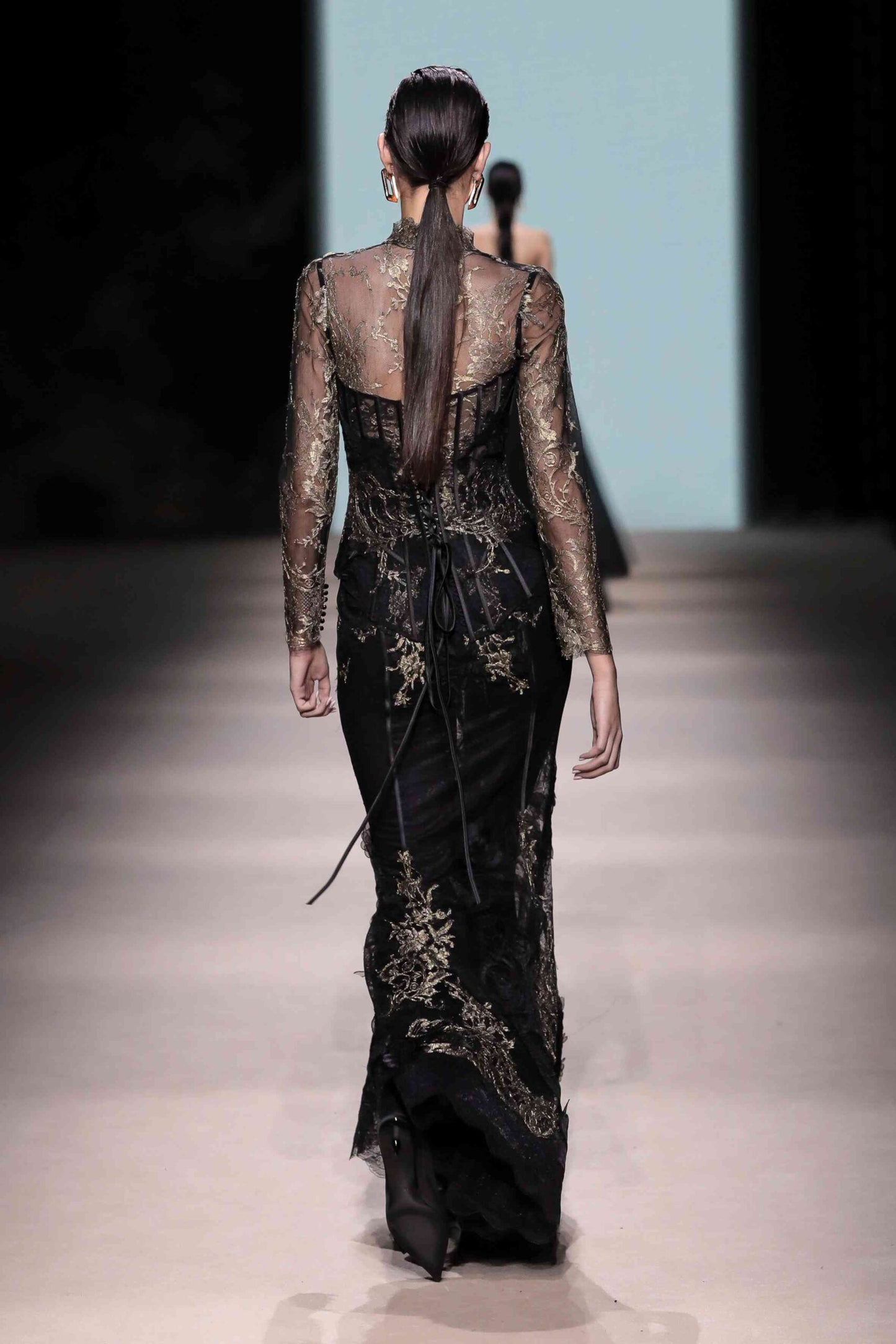 Long Sleeve with High-Neck Embroidered Corset Gown