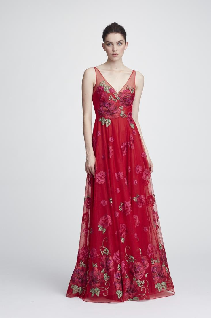 Sleeveless Floral V Neck Evening Gown