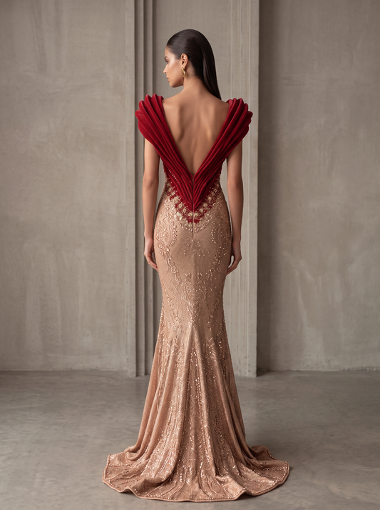 Short Sleeve Ruffled Bodice Gown