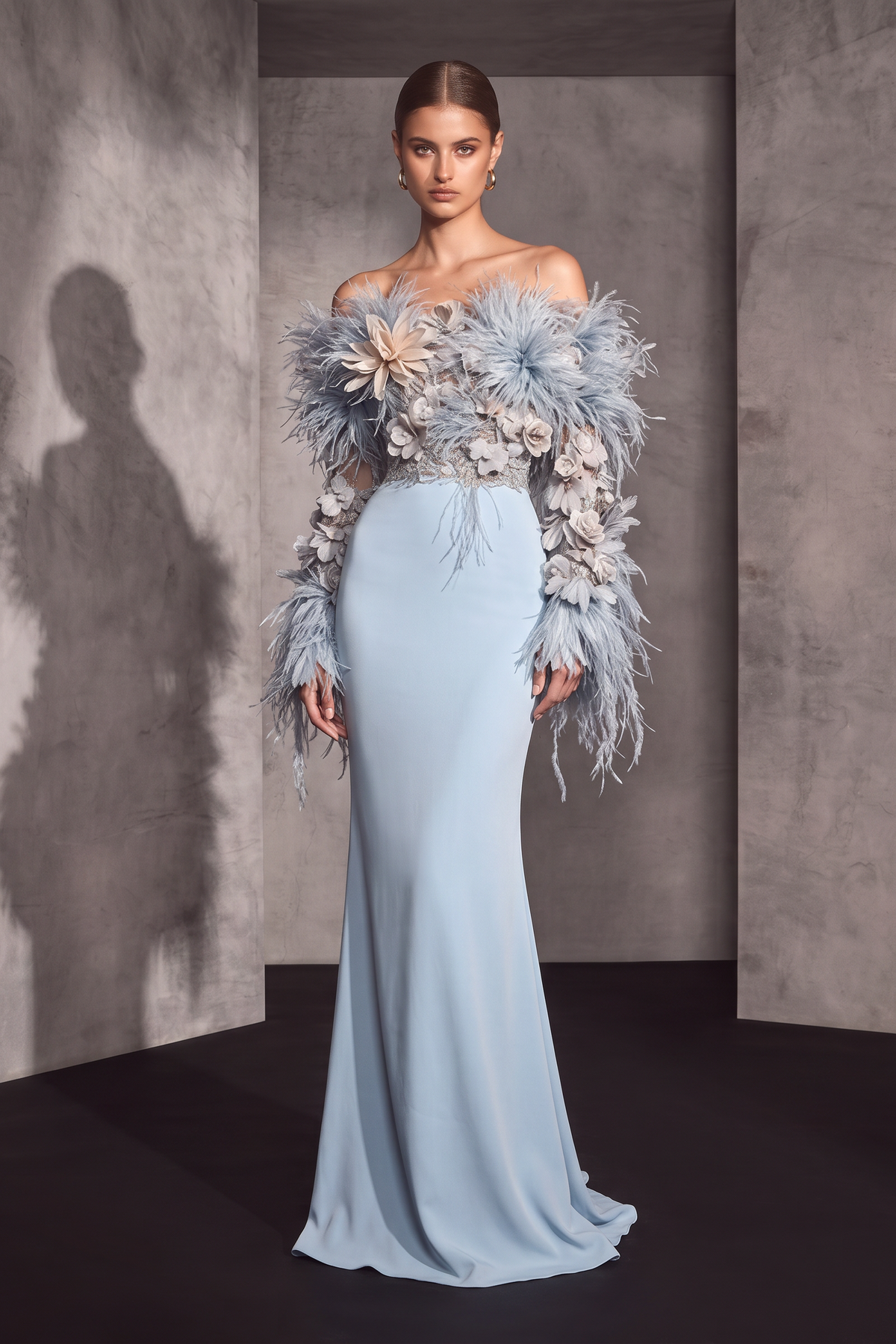 Off-Shoulder Feathered Floral Gown