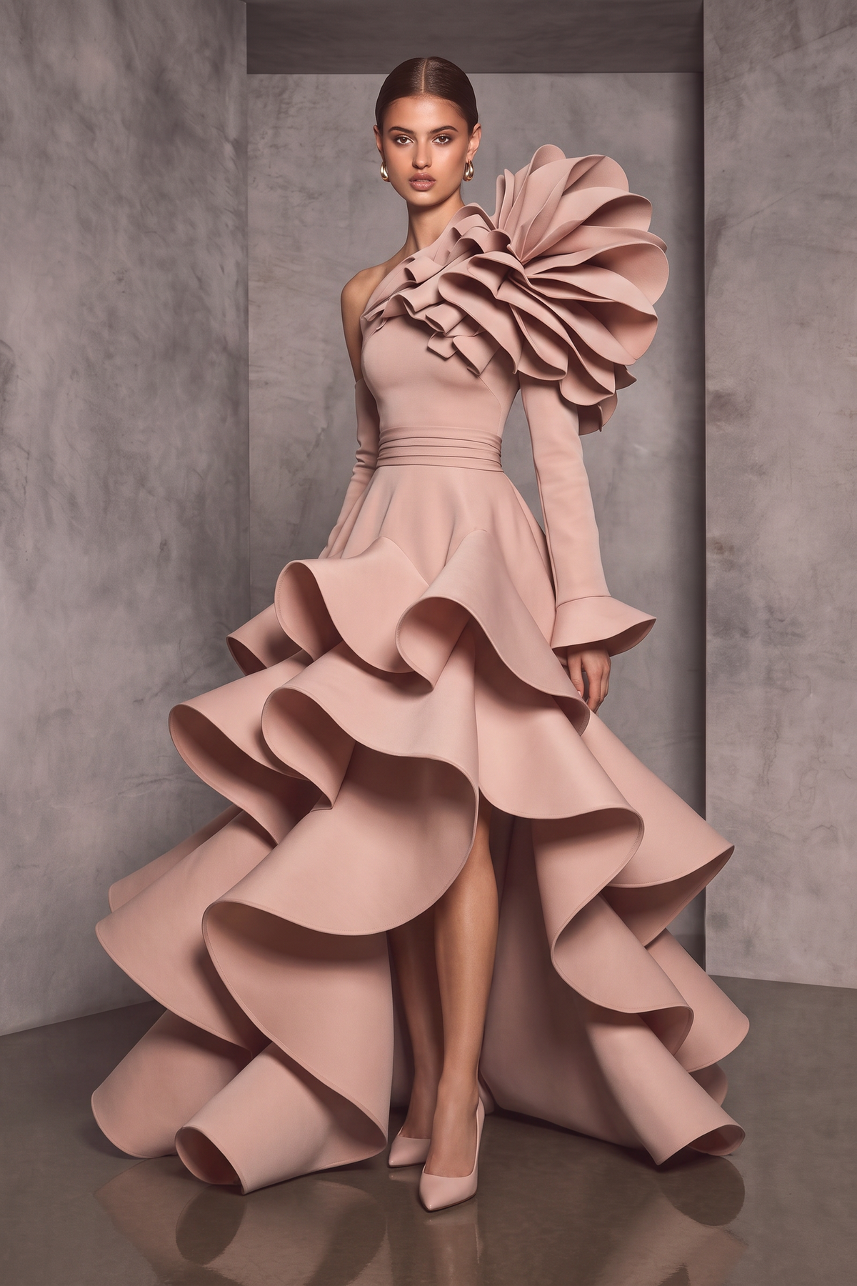 Ruffled Sleeved High-Low Gown