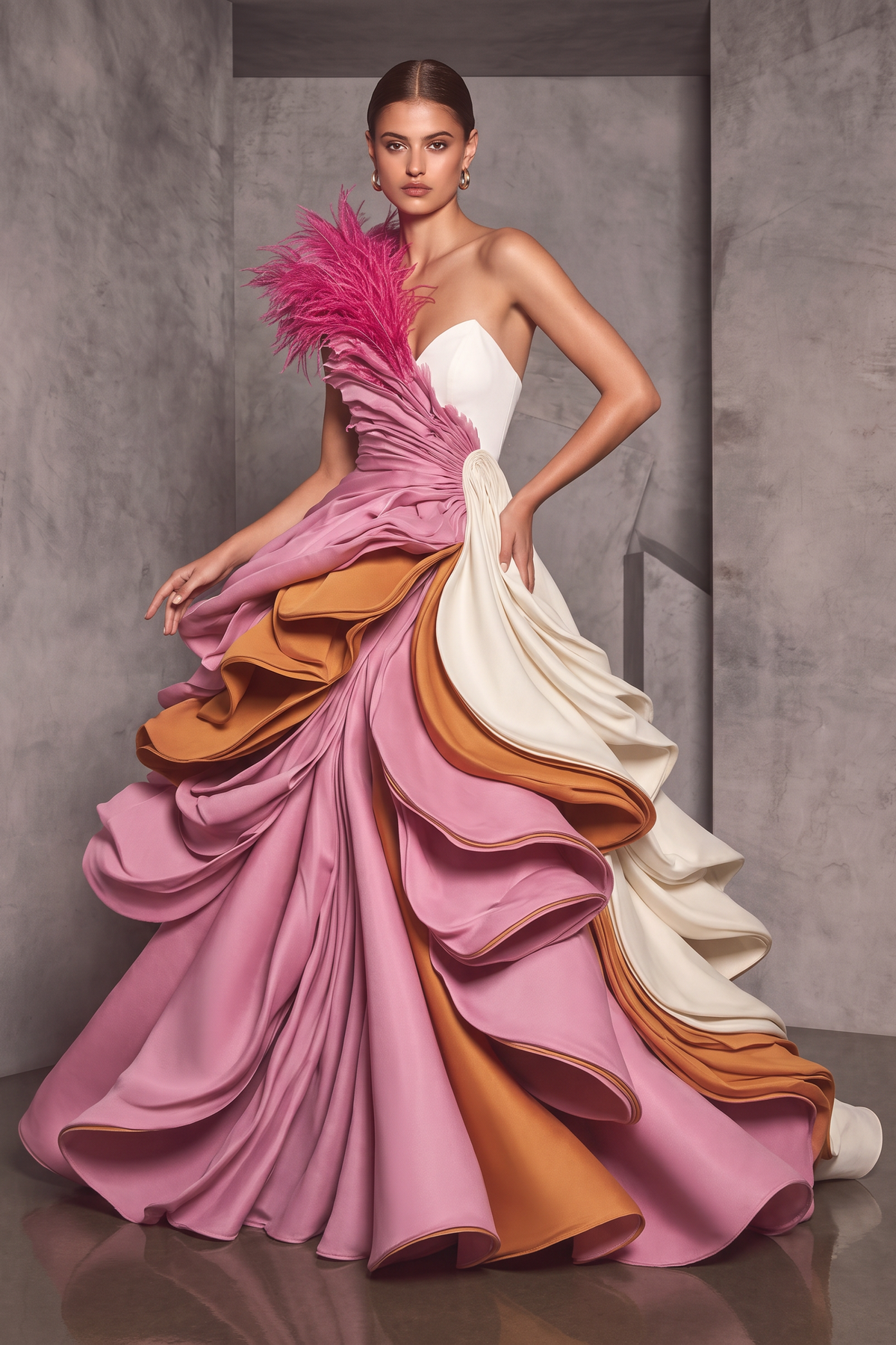 Vestido de noche con hombros emplumados y capas