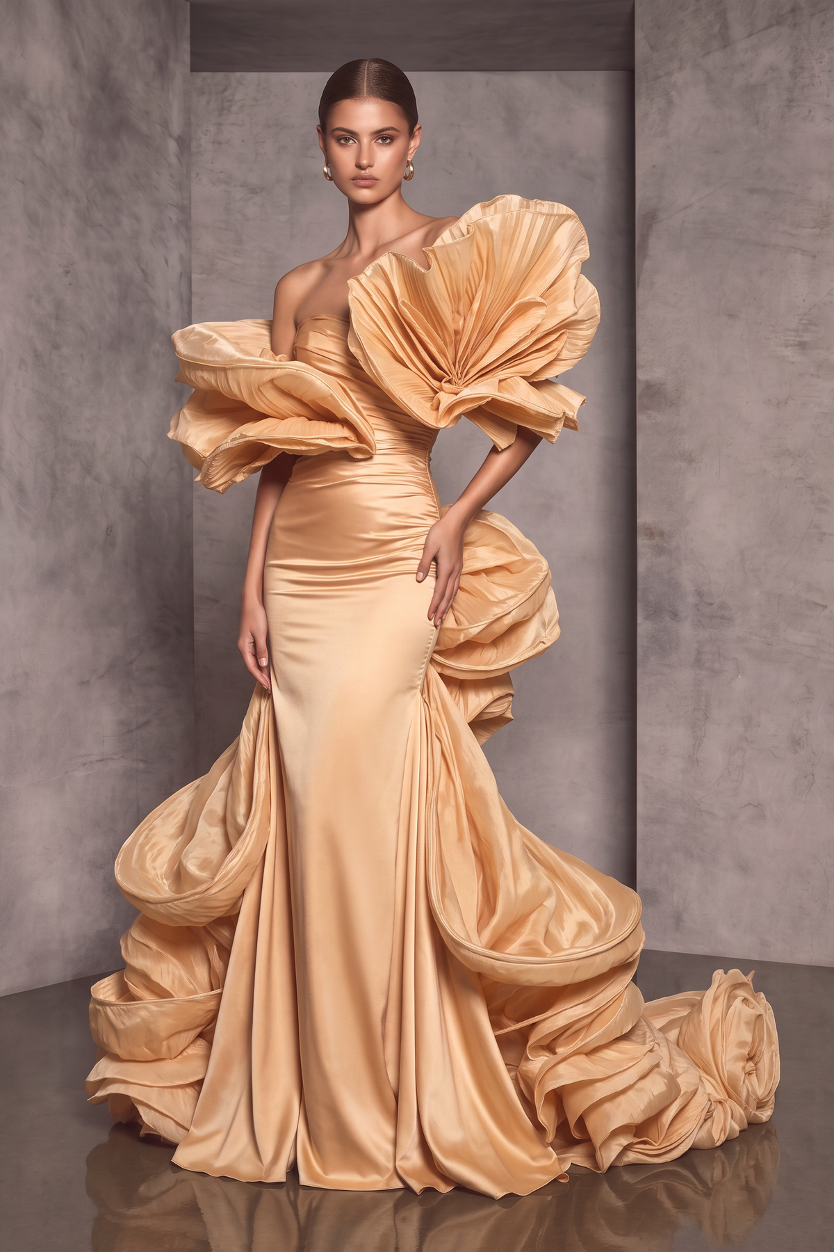 Ruffled Off Shoulder Flared Gown