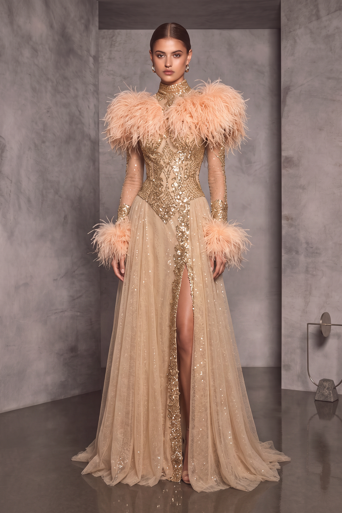 High Neck Feathered Gown