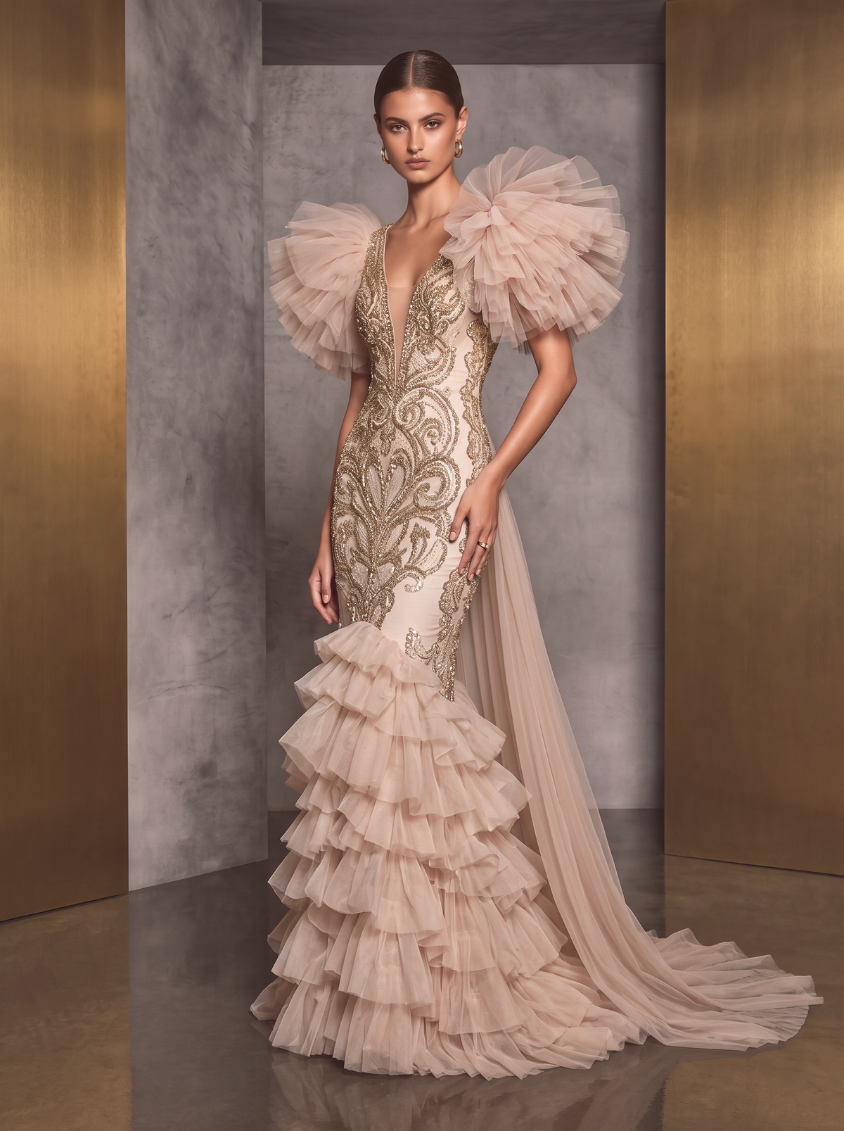 Puff Sleeve Embellished Gown