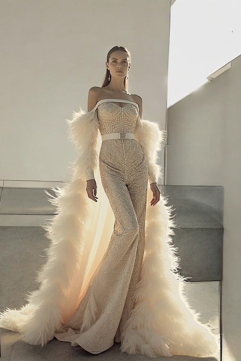 Embroidered Jumpsuit with Train