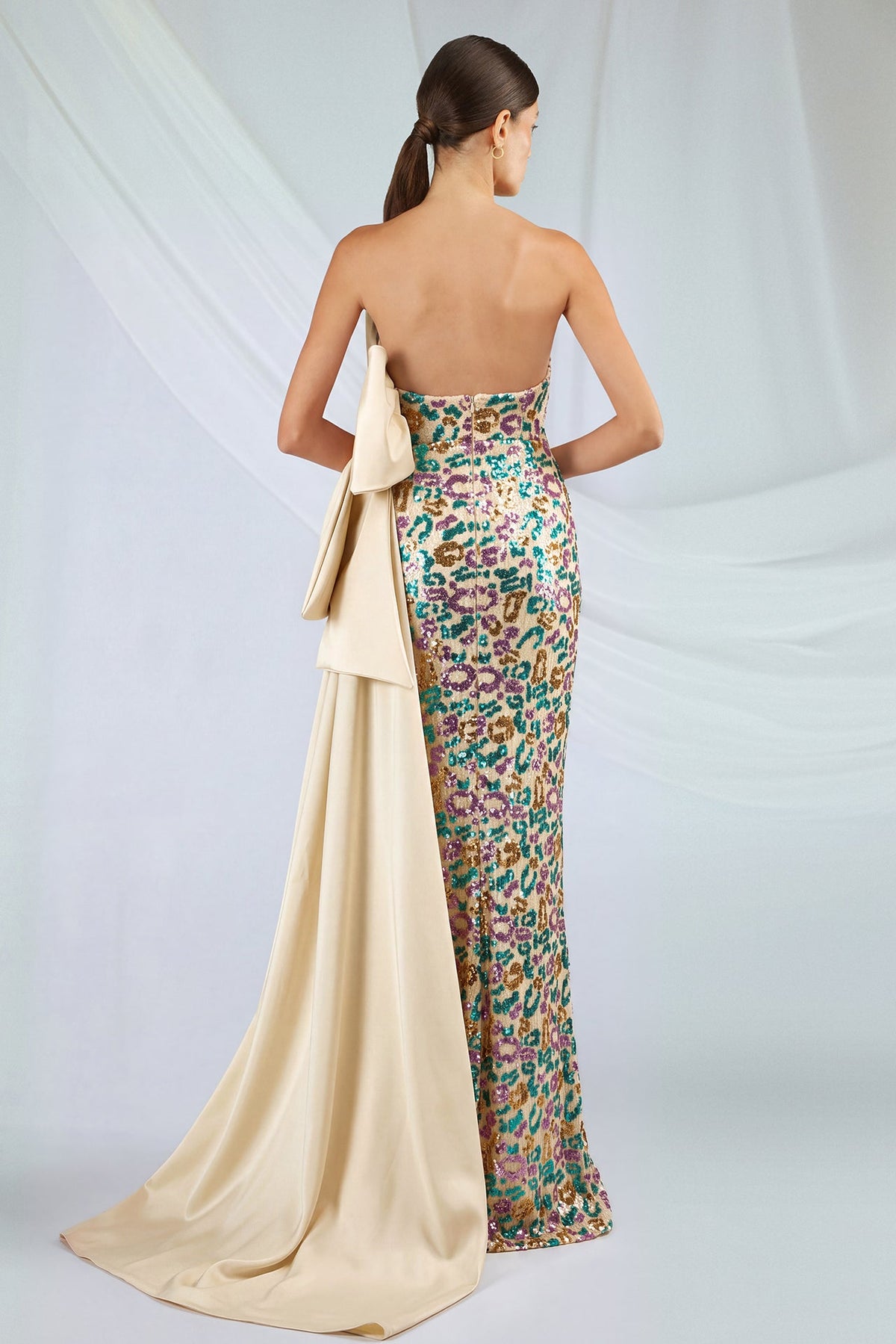 Satin-Bodice Sequin Bow Gown