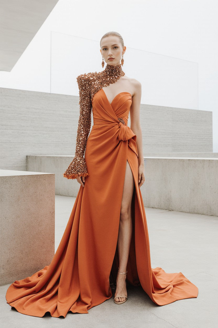 High Low Beaded Sleeve Gown