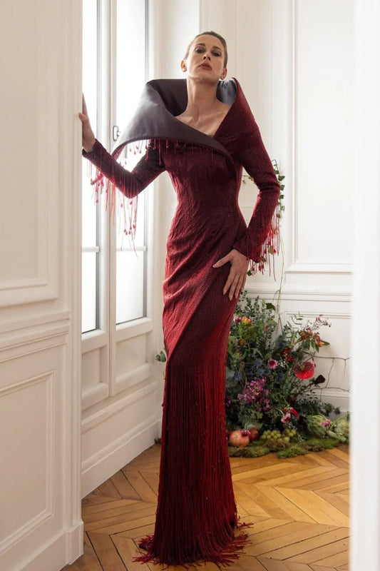 Long Sleeve Fringe Gown