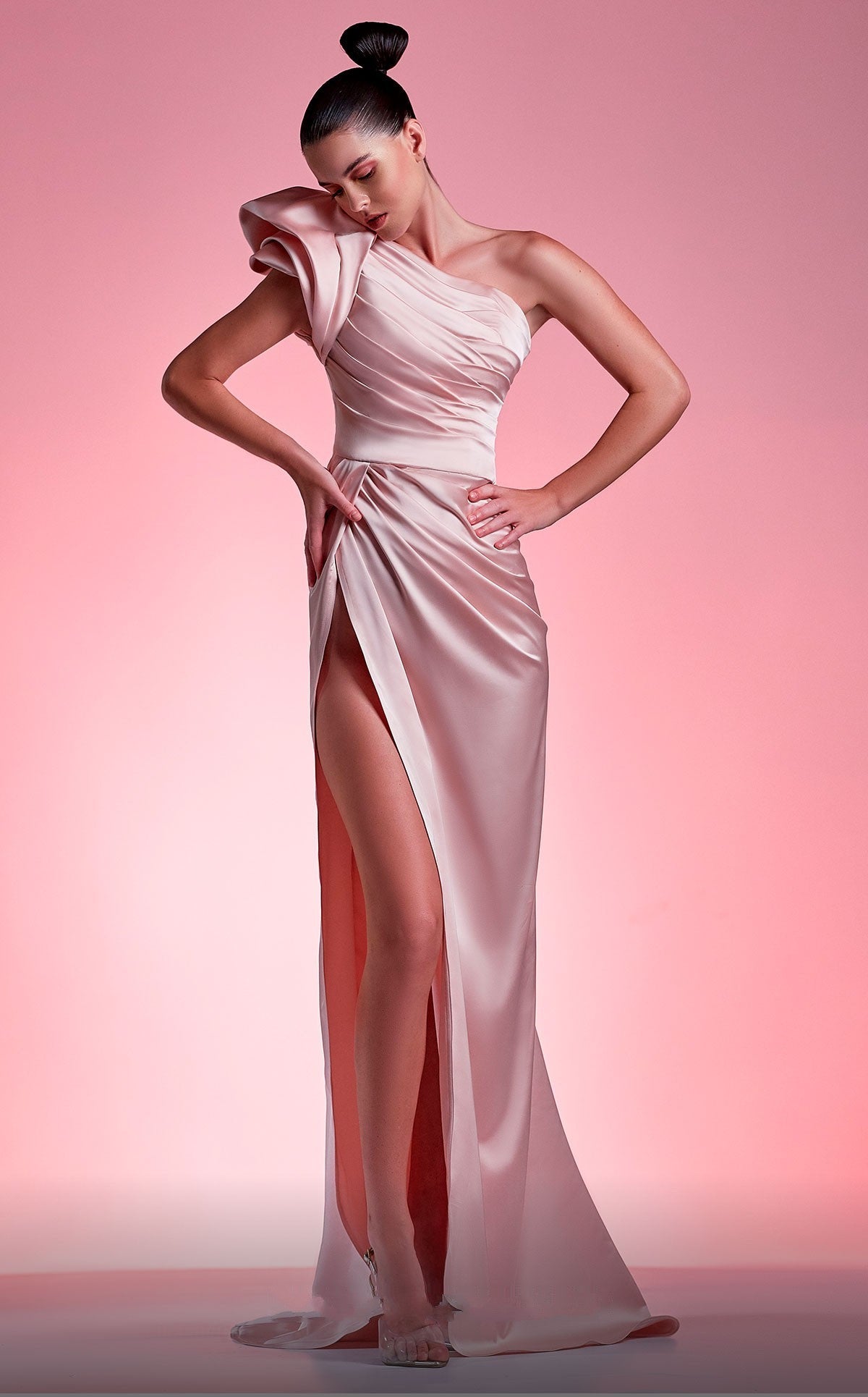 Ruched One Shoulder Pink Gown