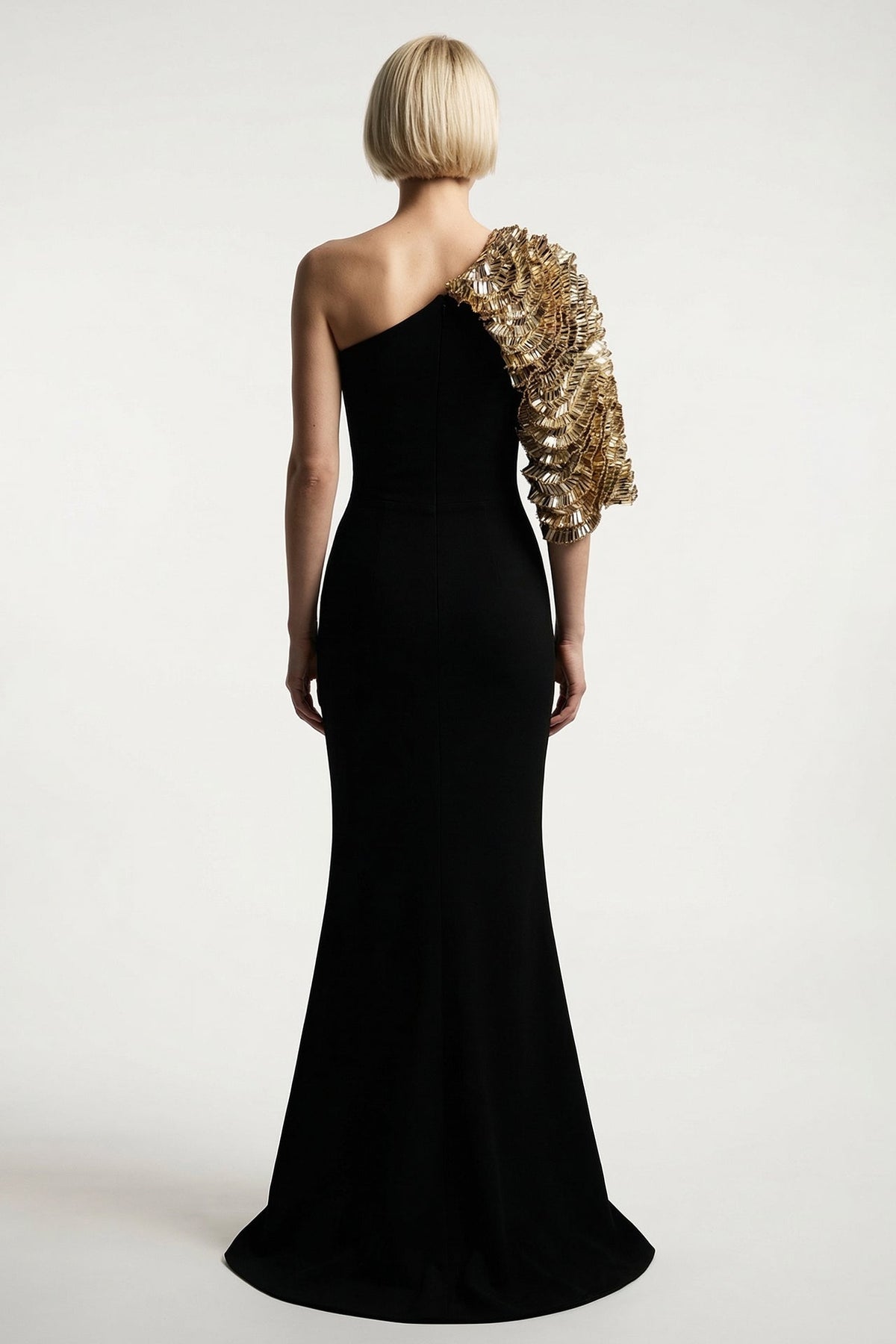 One-Shoulder Beaded-Sleeve Cape Gown