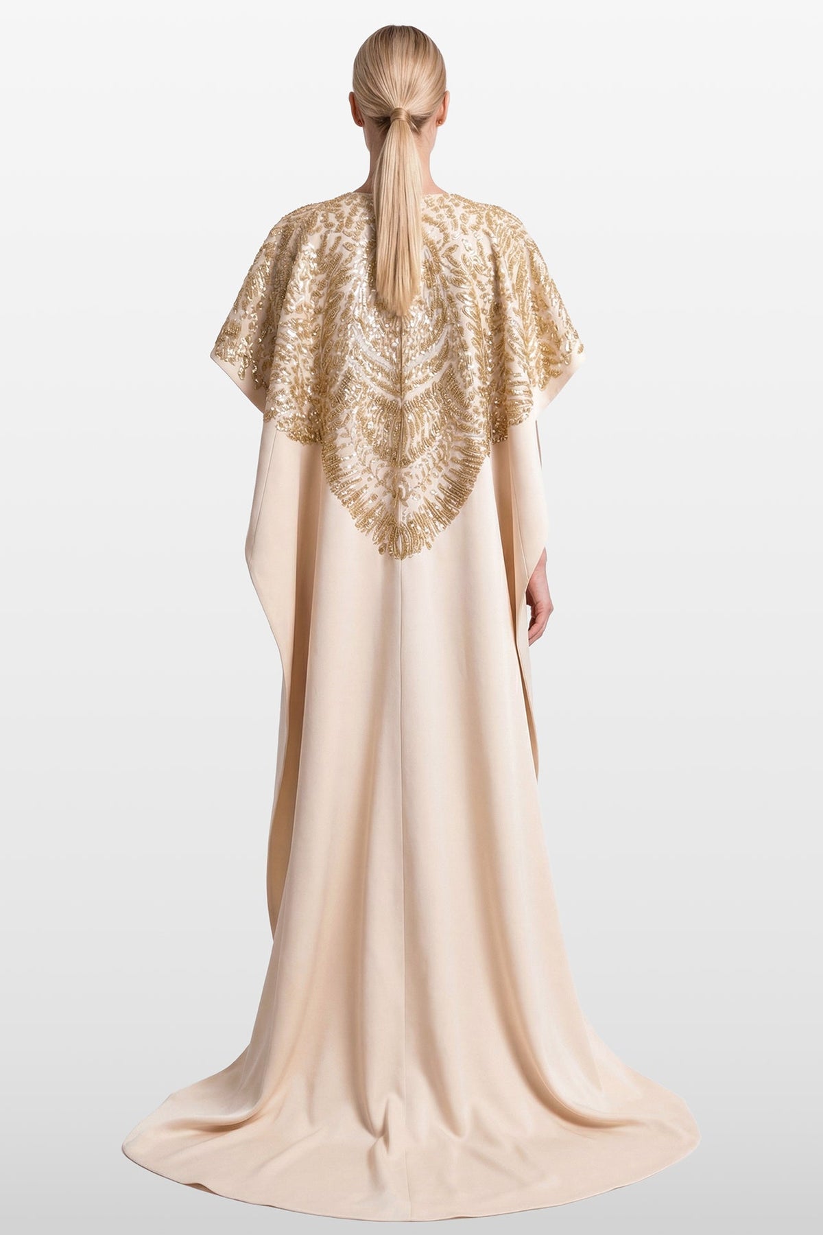 Embellished Cape-Sleeve Gown