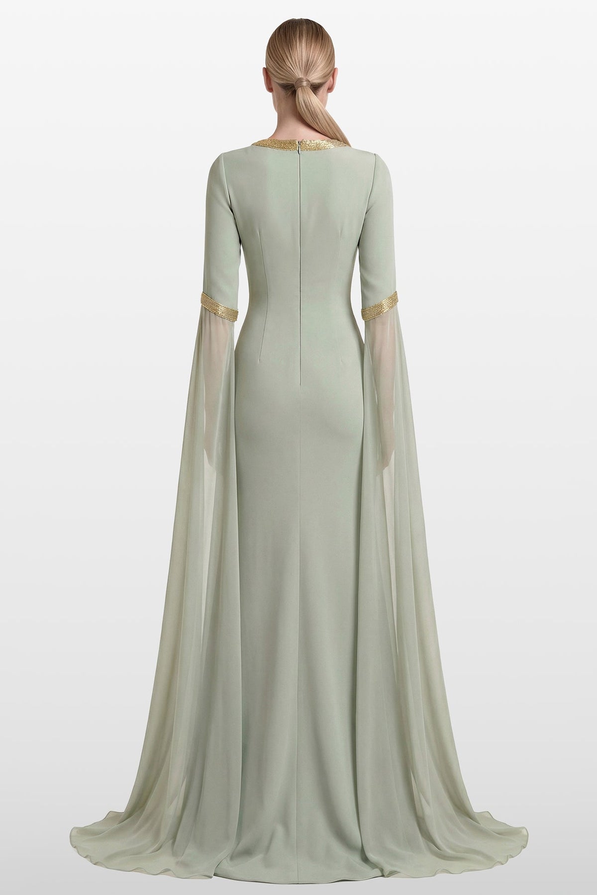 Beaded V-Neck Cape-Sleeve Gown