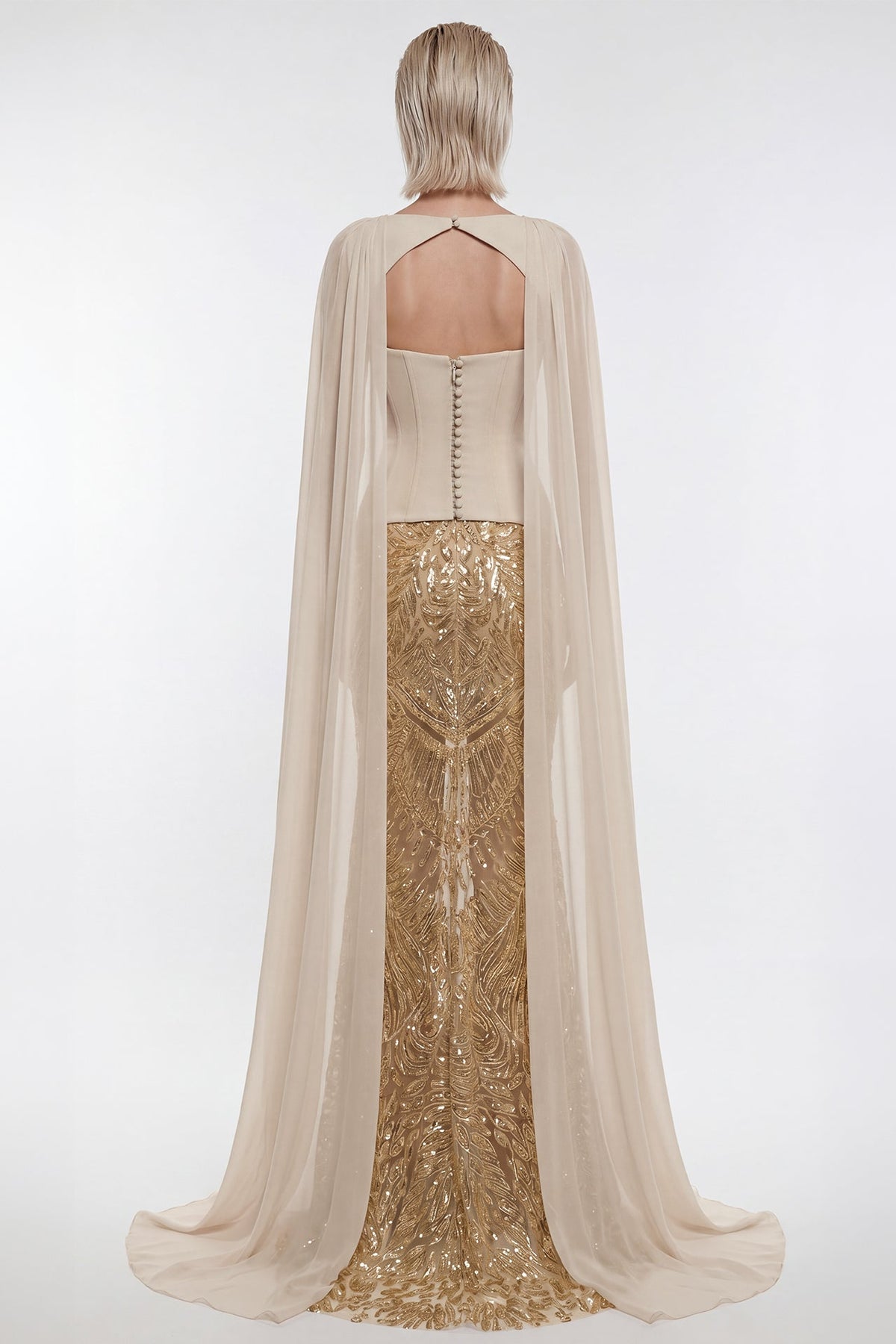 Sequin Feather-Motif Cape Gown