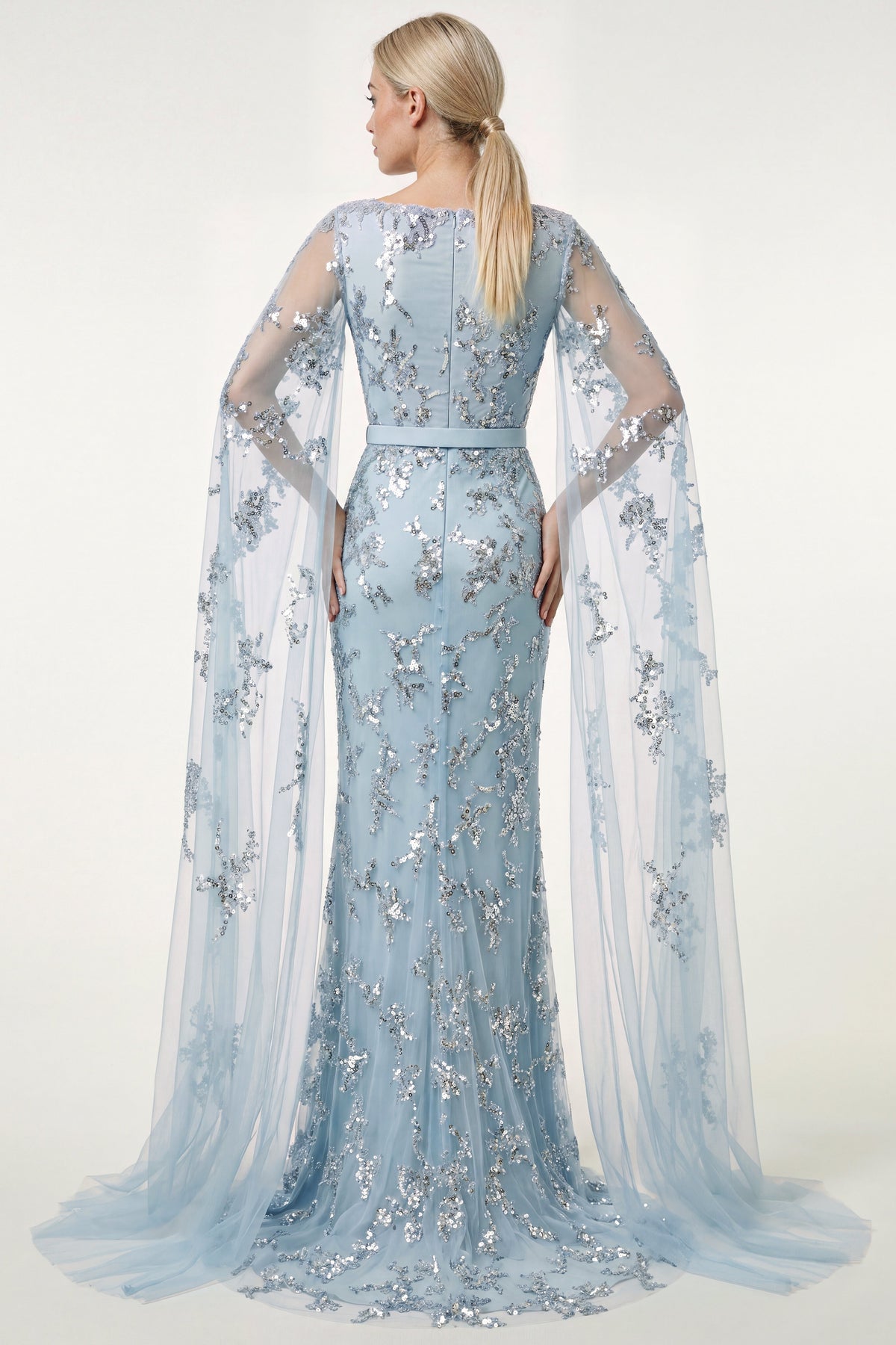 Sequin-Embroidered Cape-Sleeve Gown
