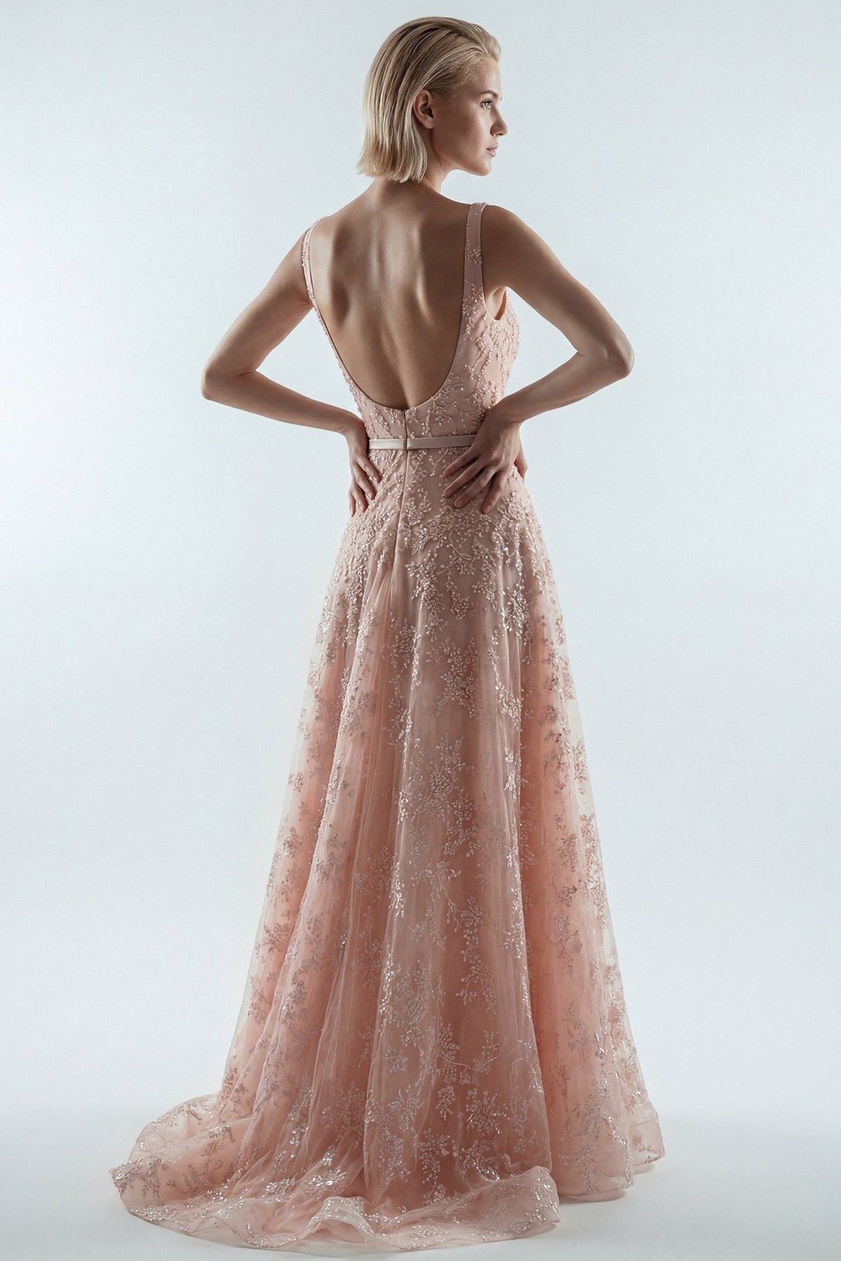 Square-Neck Floral Embroidered Gown