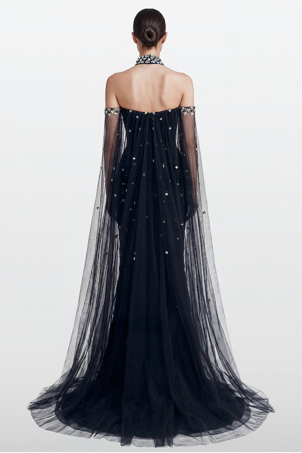 Strapless Lattice Tulle-Cape Gown