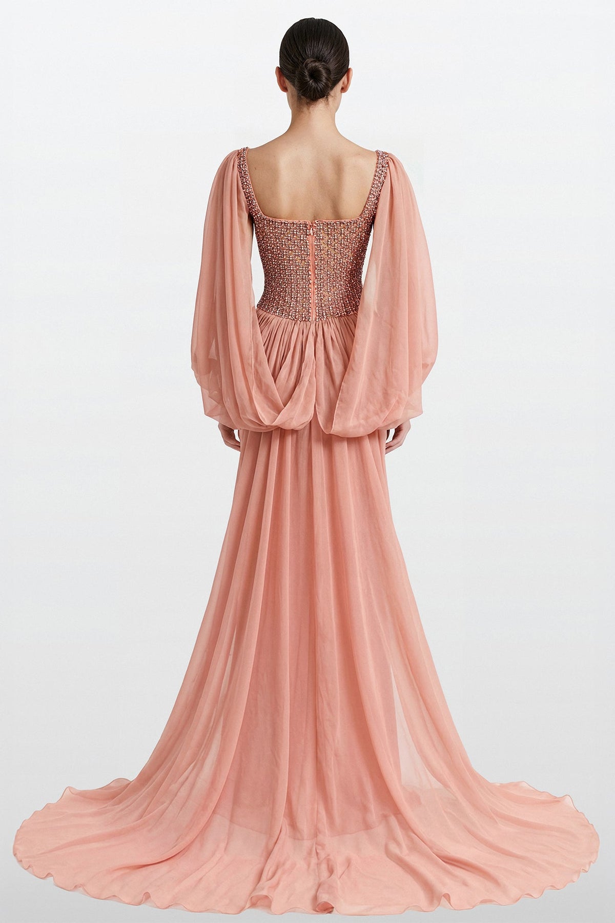 Square-Neck Chiffon-Sleeve Gown